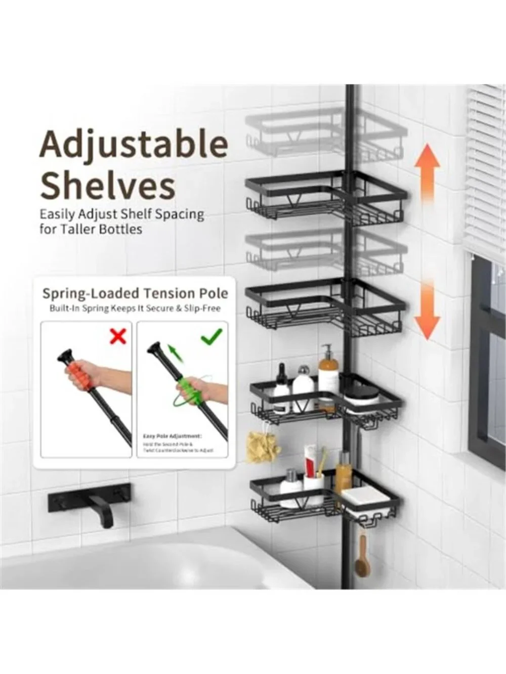 Corner Shower Caddy Tension Pole, Large Capacity Bathroom Organizer